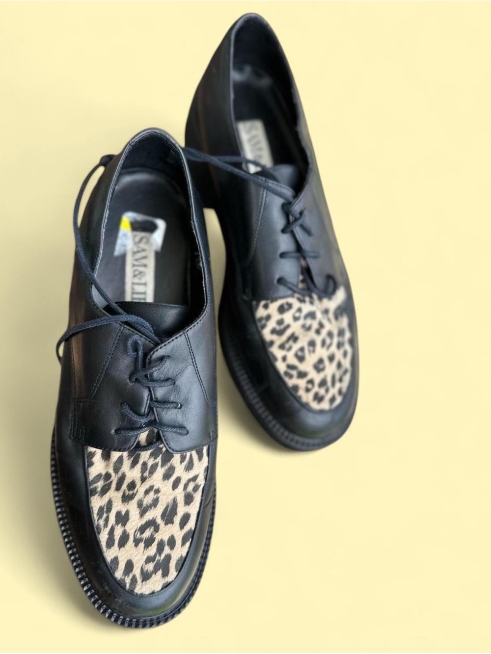 Sam & Libby Black Leather Lace-Up Oxfords with Leopard Panel